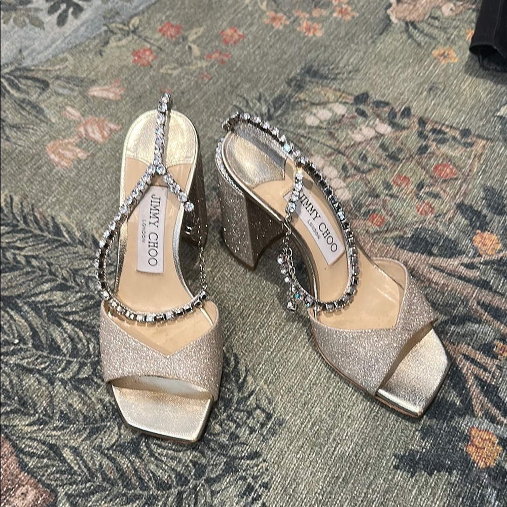 Jimmy Choo saeda crystal Gold Glitter block Heels sandal